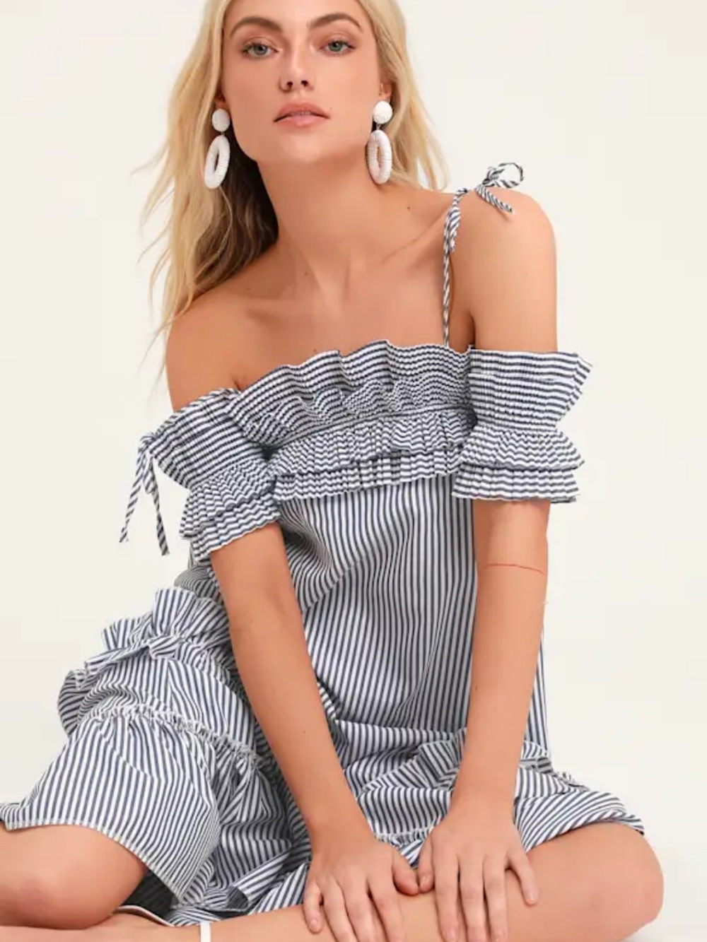 Lulu's Blue and White Striped Off-Shoulder Midi Dress